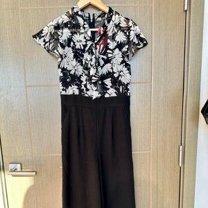 Floral Short-Sleeve Black and White Jumpsuit - Small